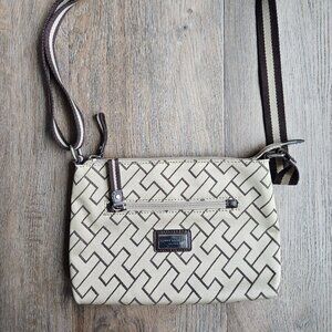 Tommy Hilfiger Monogram Jacquard Crossbody Bag Purse Tan Beige Gold Hardware. sm
